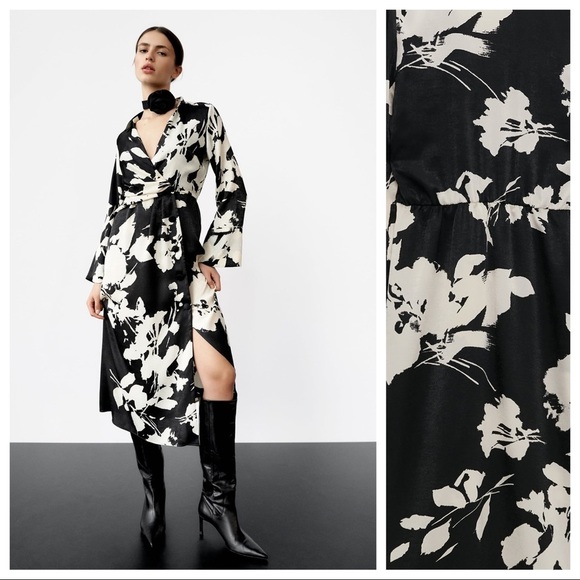 NWT. Zara Black/Cream  Satin Effect Floral Print Midi Dress. Size S. - Picture 1 of 11